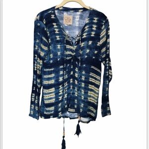 CHASER Stripe Tassel Blouse Small Boho